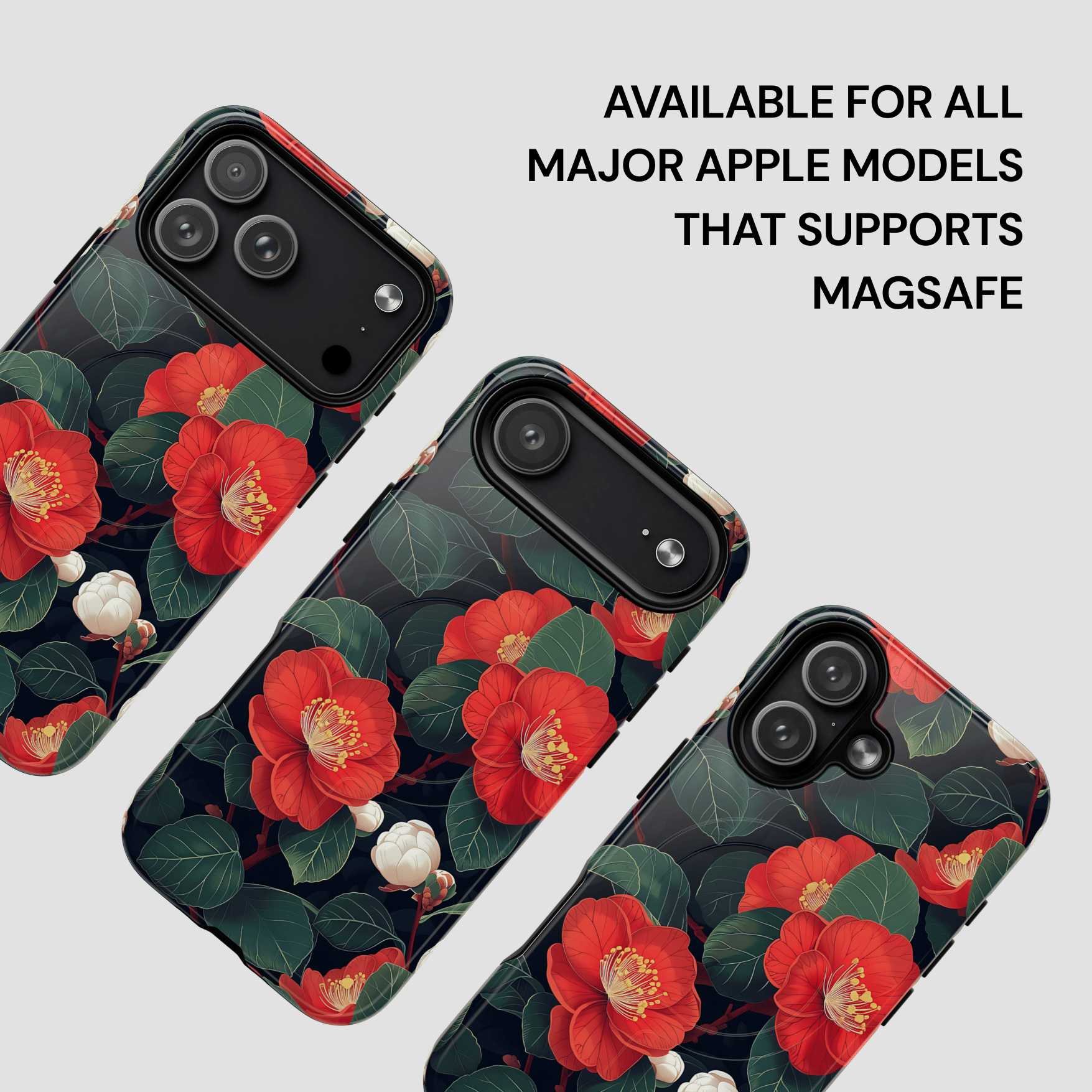 Floral phone case with red flowers on a black background, available for Apple models supporting MagSafe.