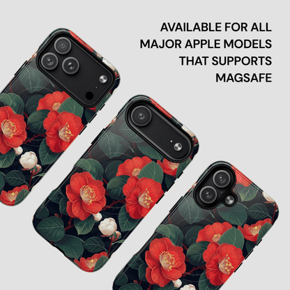 Floral phone case with red flowers on a black background, available for Apple models supporting MagSafe.