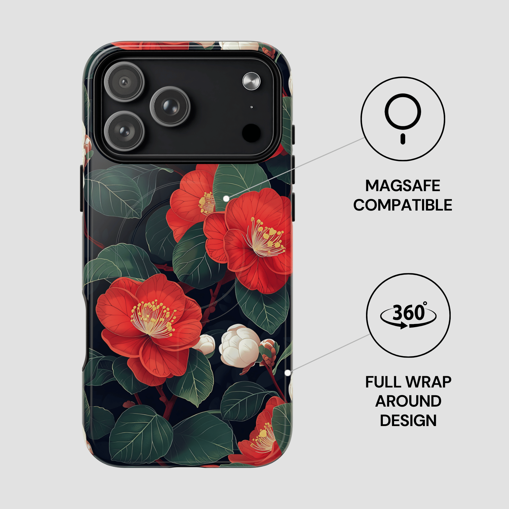 Phone case with red floral design and Magsafe compatibility on a gray background