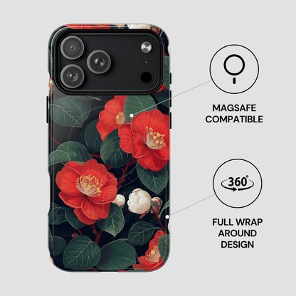 Phone case with red floral design and Magsafe compatibility on a gray background