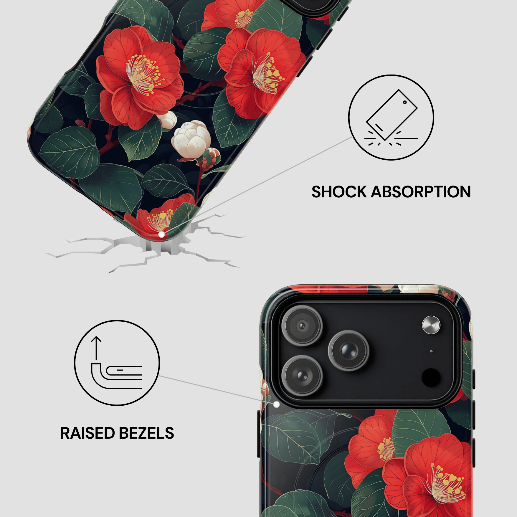 Phone case with floral design and shock absorption features on a white background