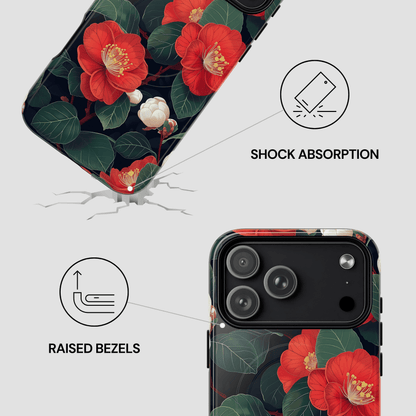 Phone case with floral design and shock absorption features on a white background