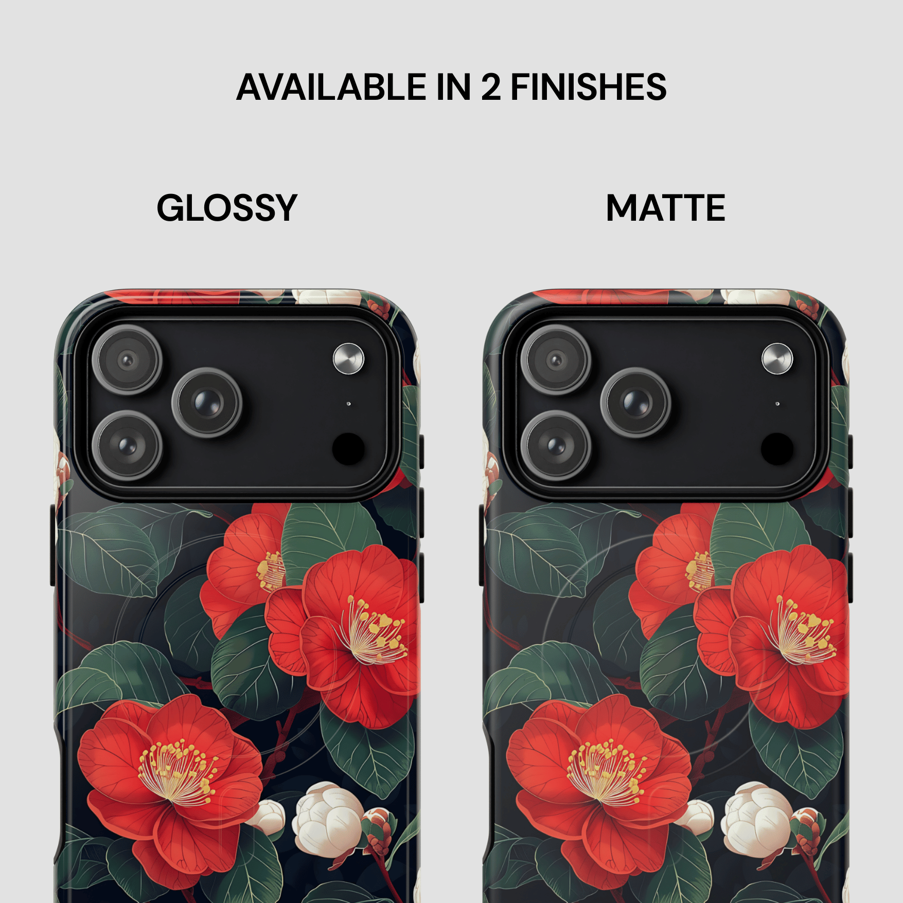 Two phone case designs with red floral pattern, one glossy and one matte, on a light gray background.