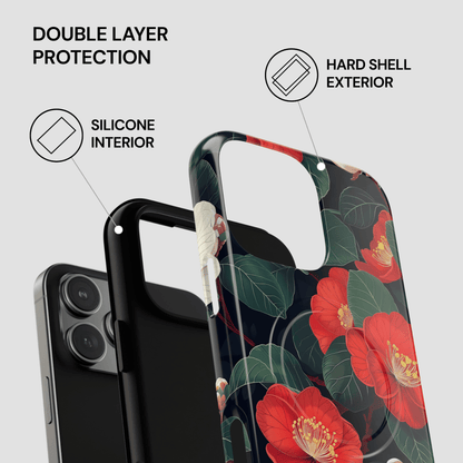 Phone case with floral design and text highlighting double layer protection on a light gray background