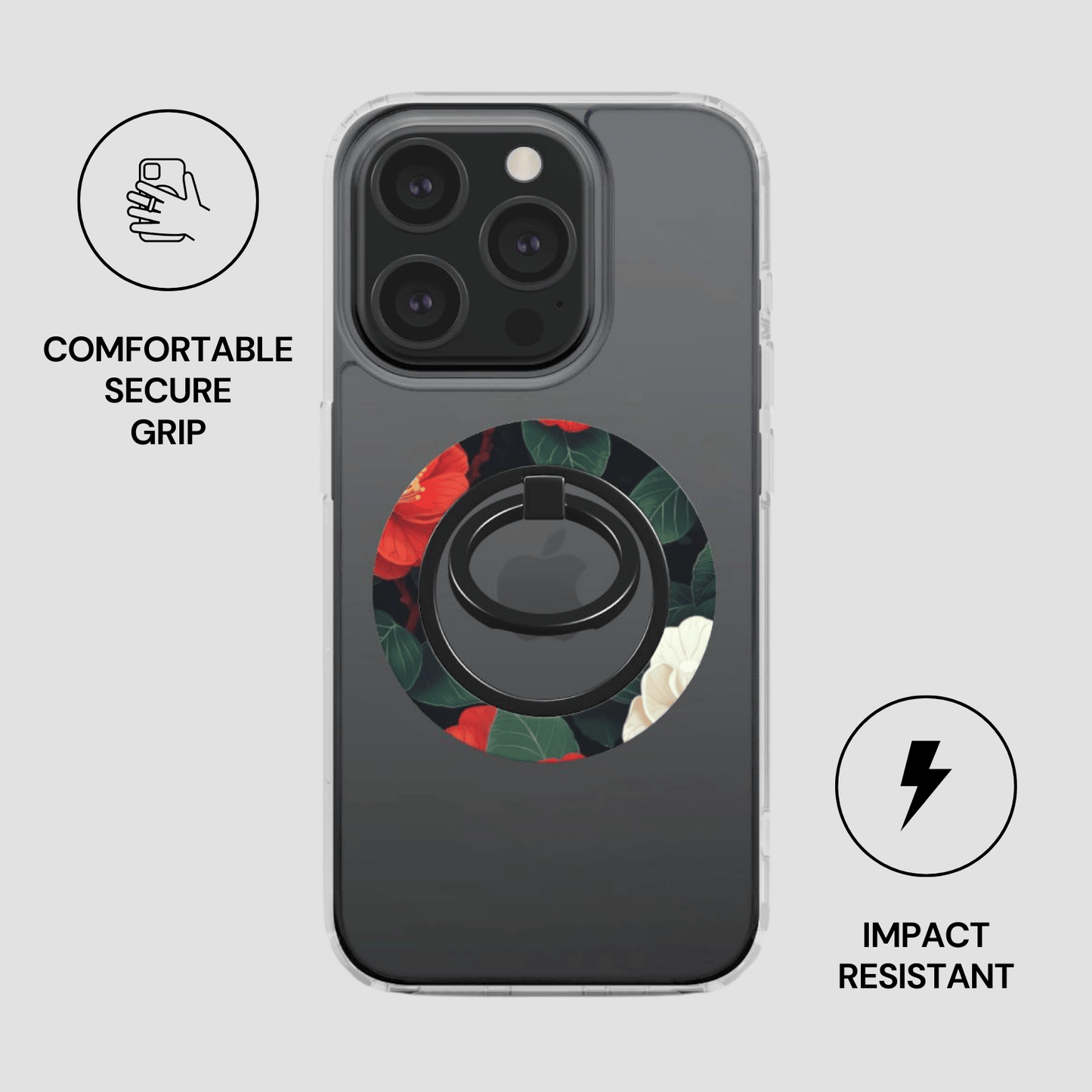Phone case with floral design and ring holder on a gray background