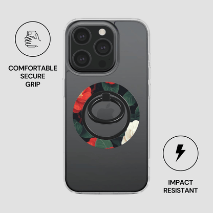 Phone case with floral design and ring holder on a gray background