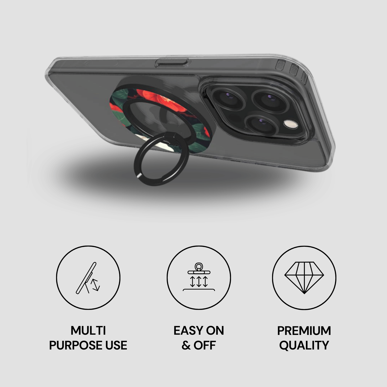 Phone case with ring holder and features on a gray background