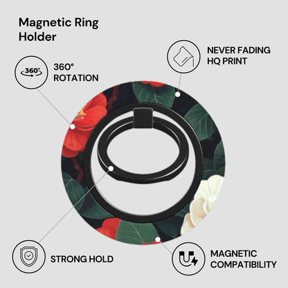 Magnetic ring holder with floral design on a gray background