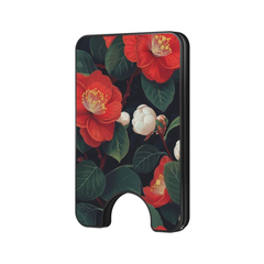 Midnight Camellia Magnetic Wallet with red floral camellia pattern on a white background