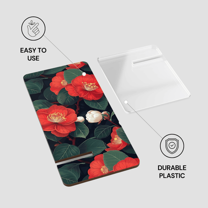 Floral design phone case with text 'Easy to use' and 'Durable plastic' on a white background