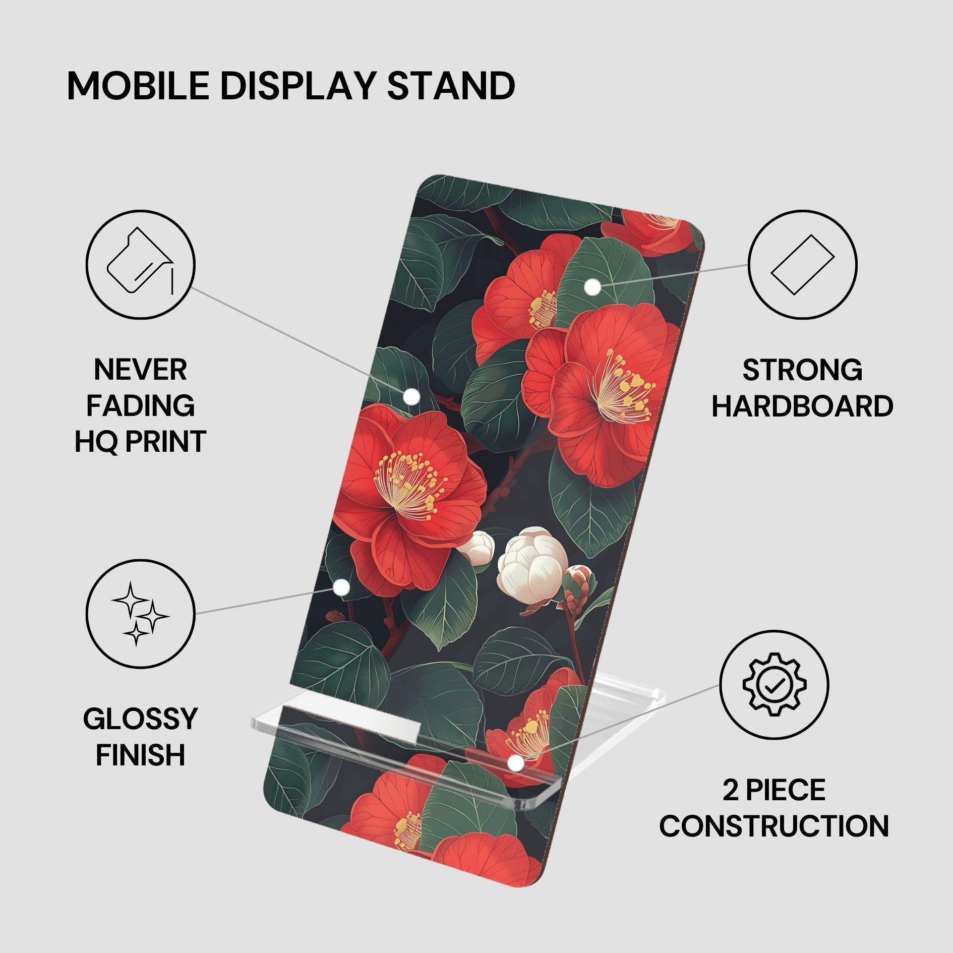 Floral design mobile display stand with features highlighted on a gray background