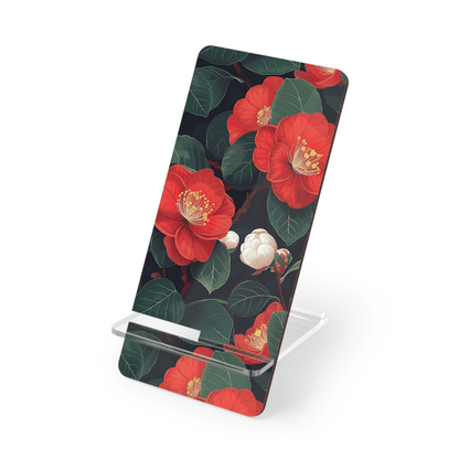 Phone stand with red floral design on a white background