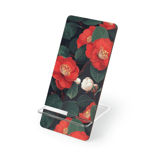 Phone stand with red floral design on a white background