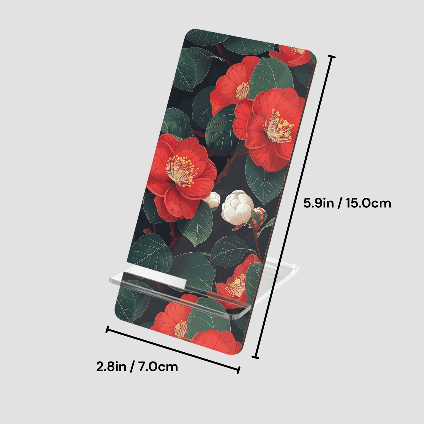 Phone stand with red floral design and measurements on a light gray background