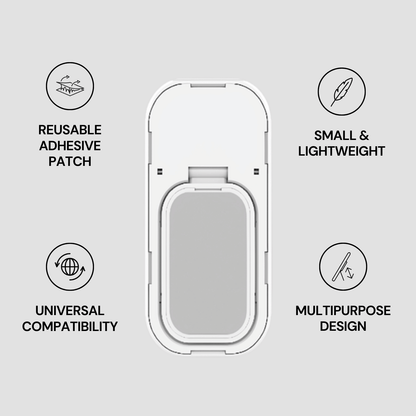 Reusable adhesive patch with features listed on a gray background