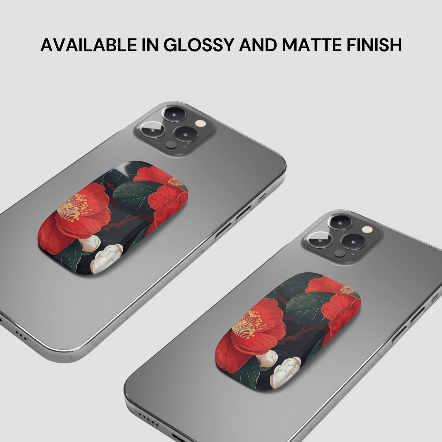Two phone cases with floral design on a gray background, text indicating finish options.