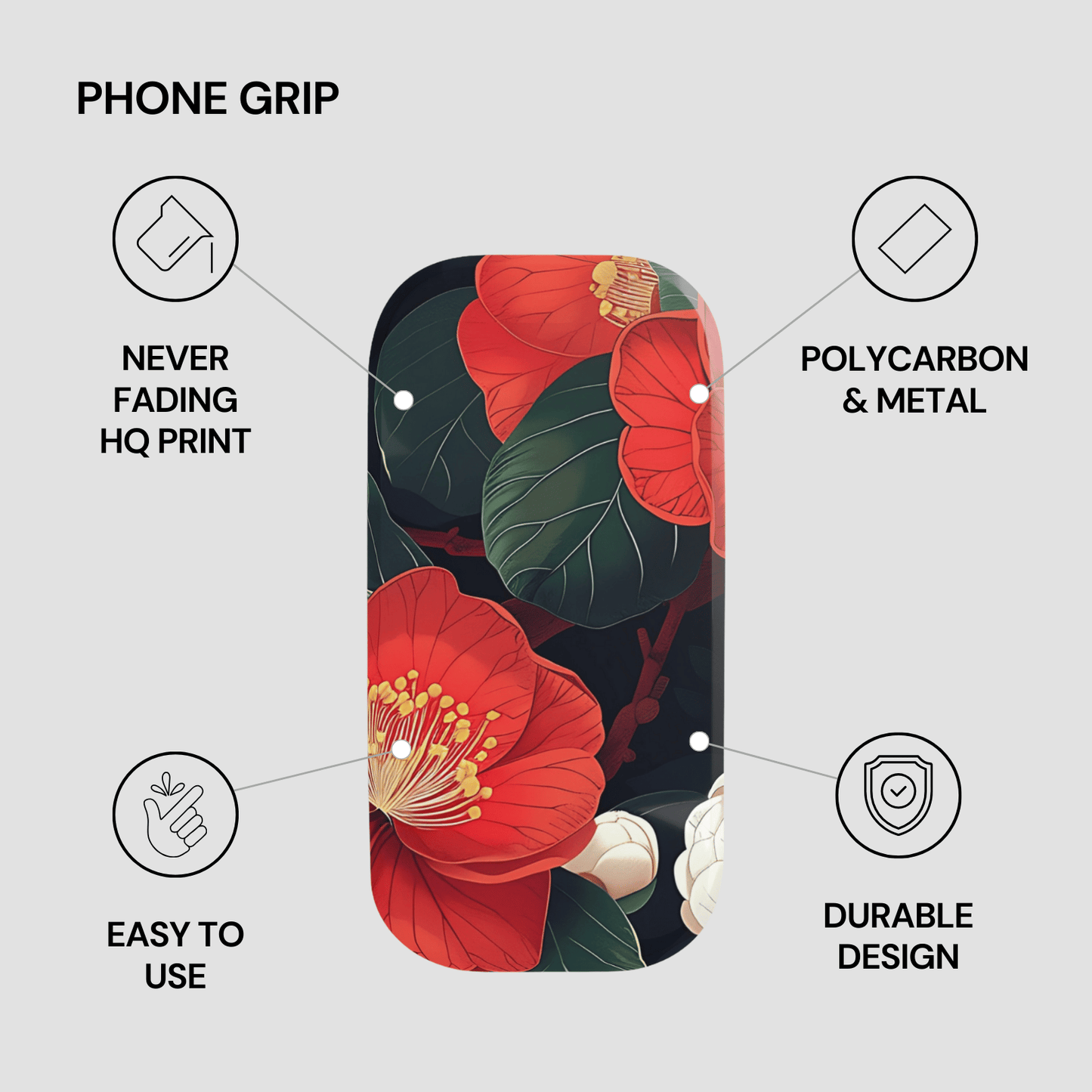Phone grip with floral design and feature text on a gray background