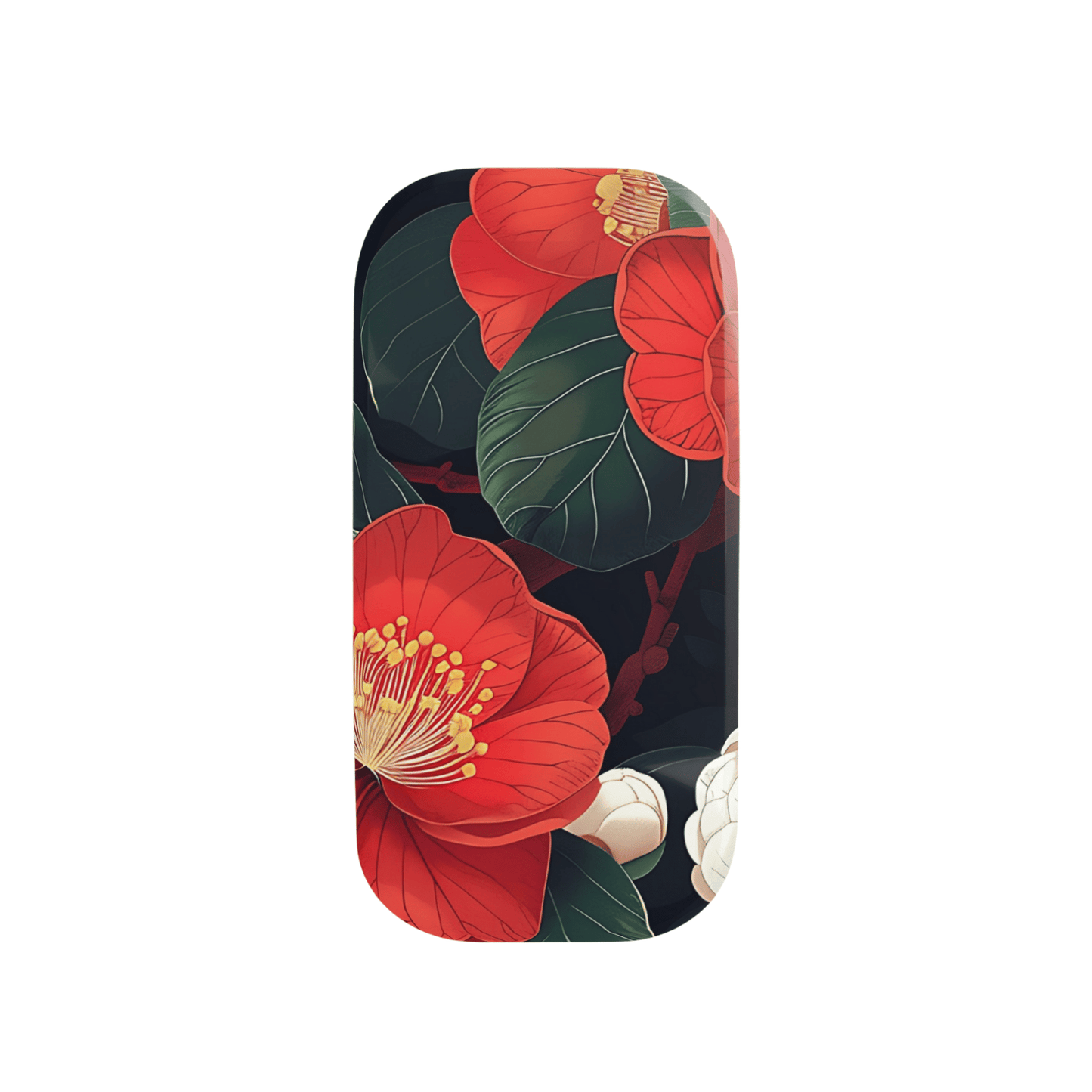 Phone case with red floral design on a white background