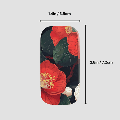 Phone case with red floral design and measurements on a light gray background