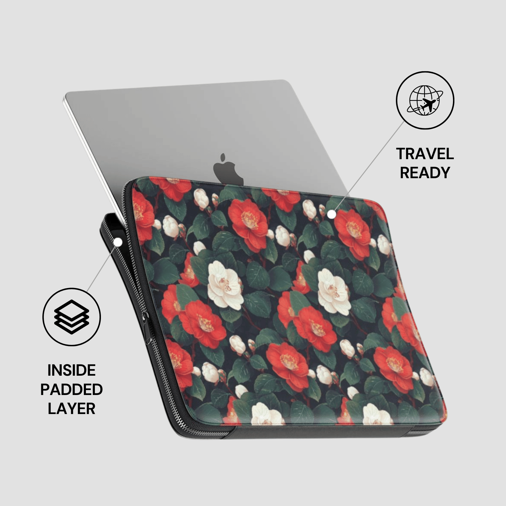 Floral laptop sleeve with floral pattern on a gray background