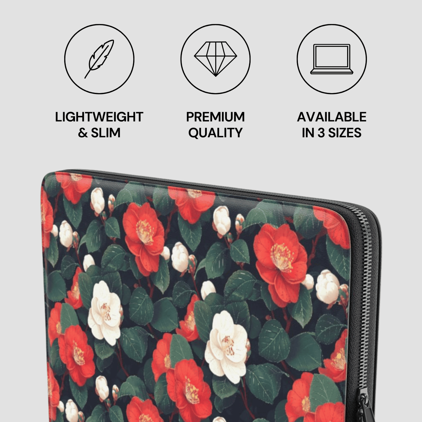Floral laptop sleeve with features listed on a gray background