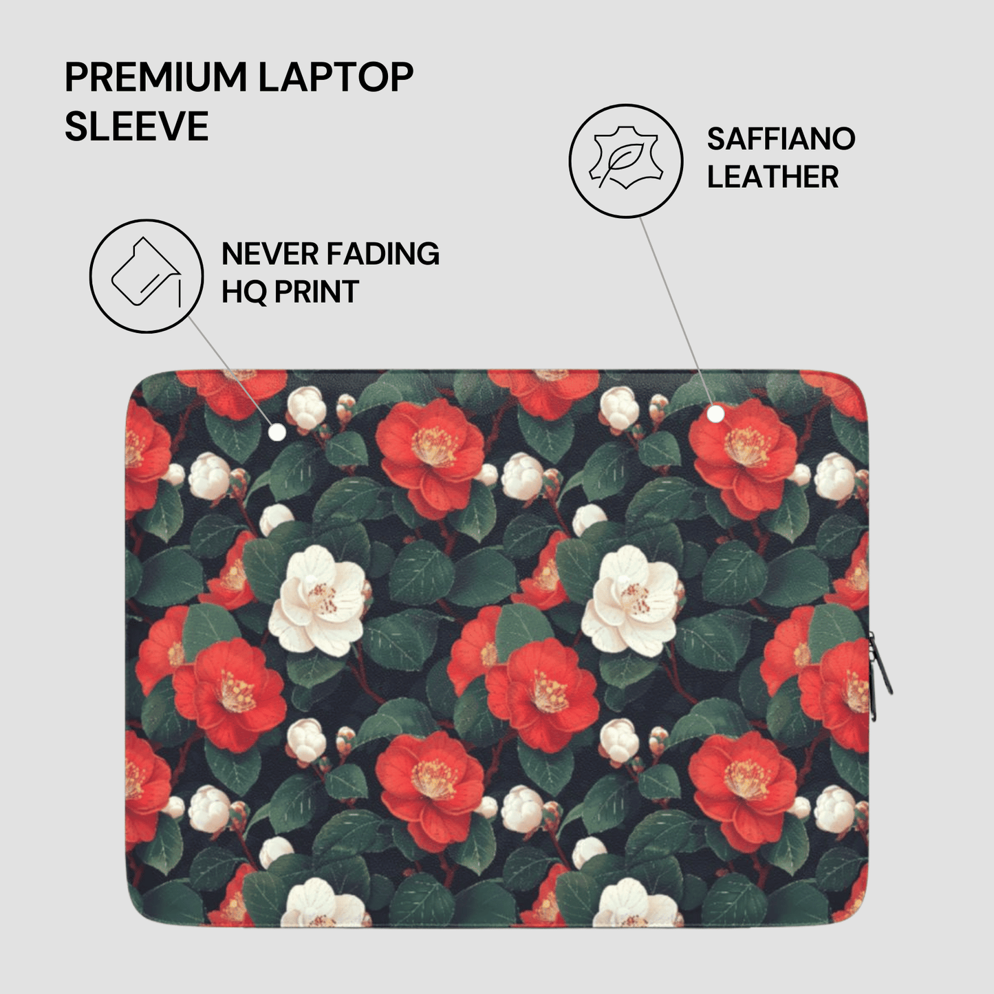 Floral patterned laptop sleeve with text highlighting features on a light gray background