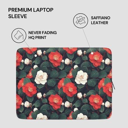Floral patterned laptop sleeve with text highlighting features on a light gray background