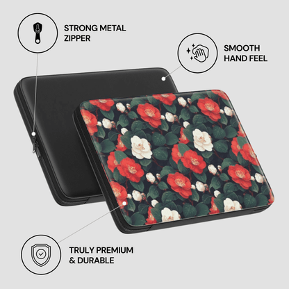 Floral patterned case with black zipper, labeled features on a light gray background