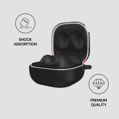 Black earbud case with open lid on a light gray background, featuring icons for shock absorption and premium quality.