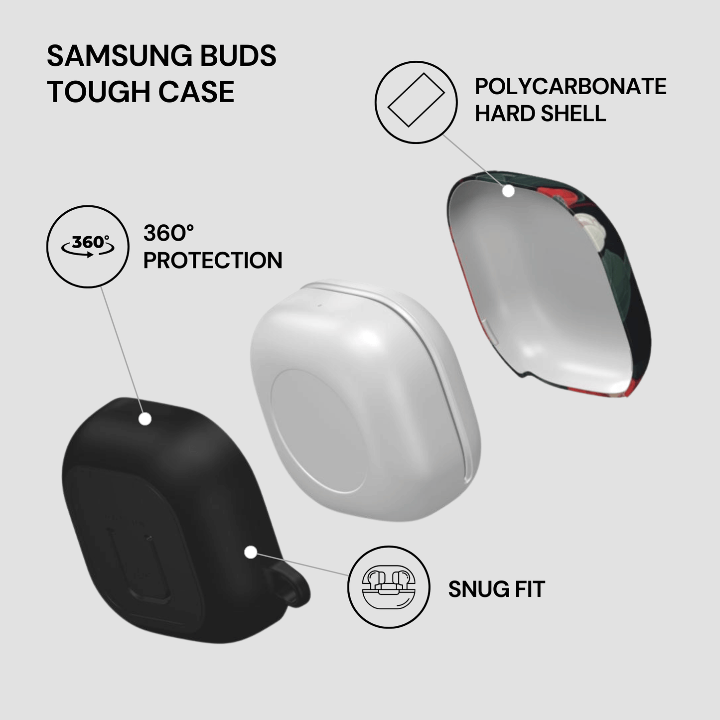 Samsung Buds Tough Case with features highlighted on a white background