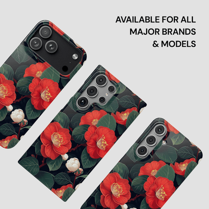 Phone case with red floral design on a white background