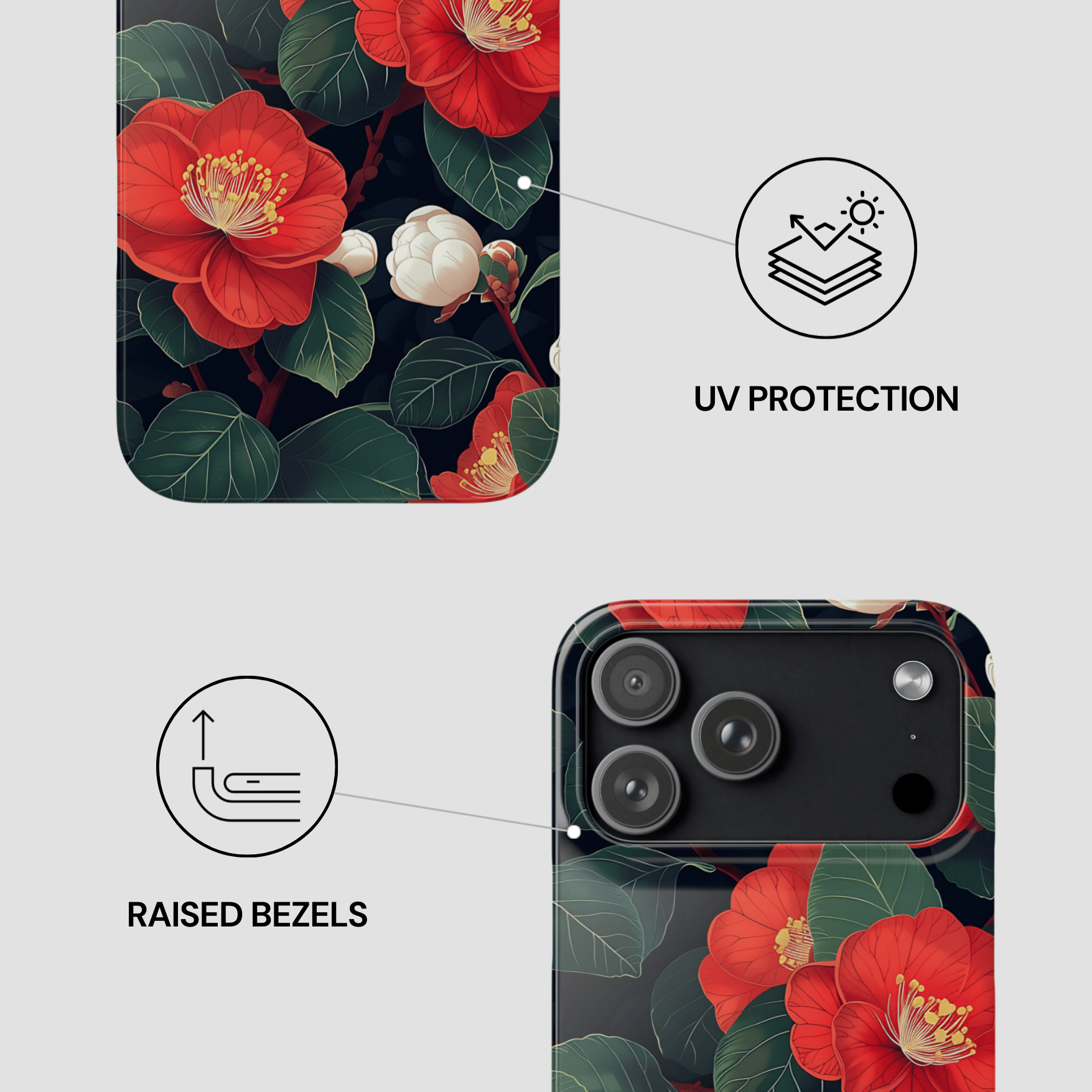 Phone case with floral design and UV protection and raised bezels features