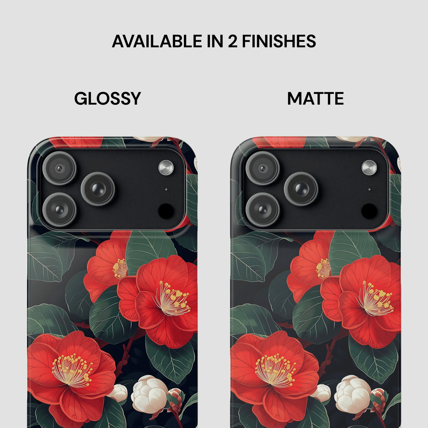 Two phone cases with red floral design, one glossy and one matte, on a white background.