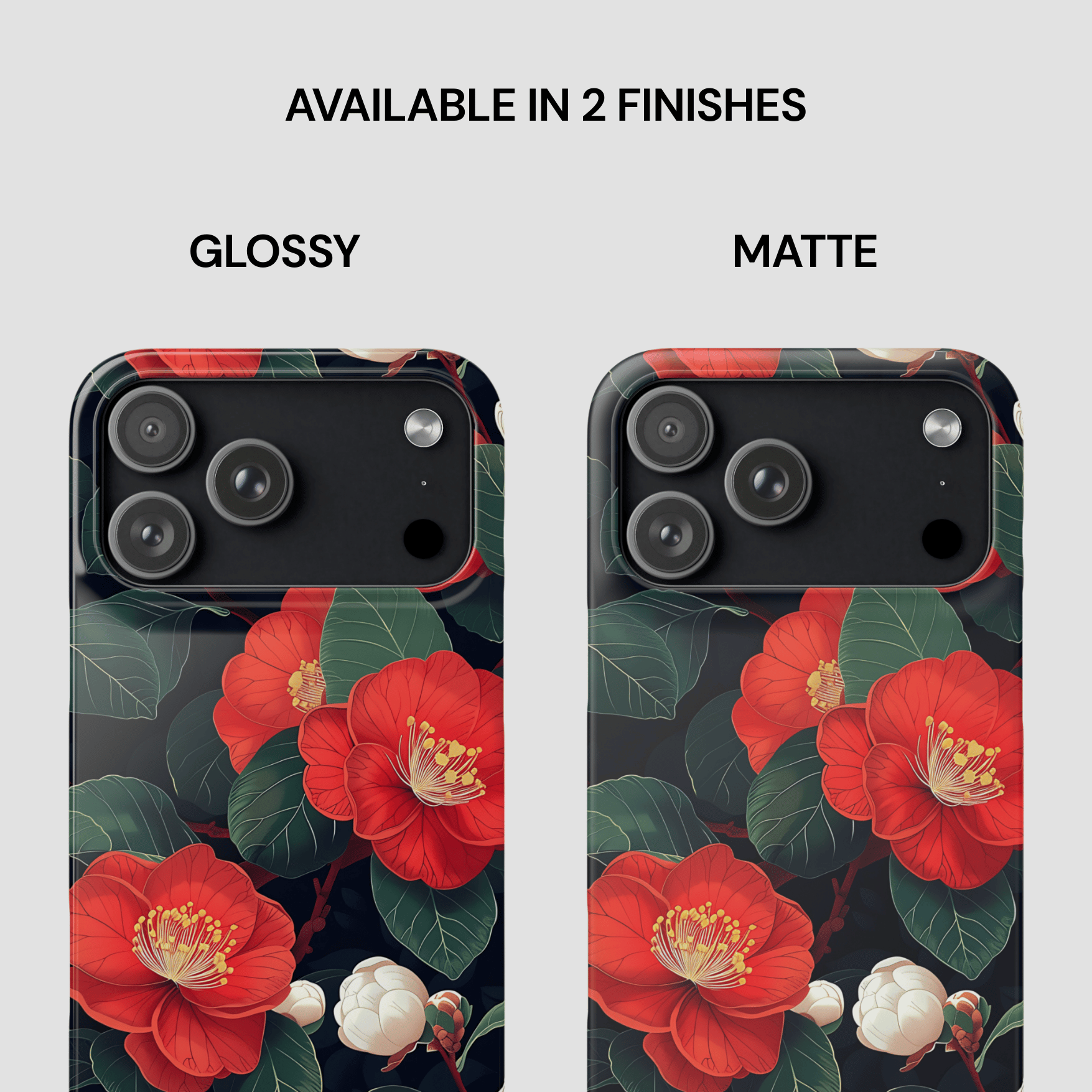 Two phone cases with red floral design, one glossy and one matte, on a white background.