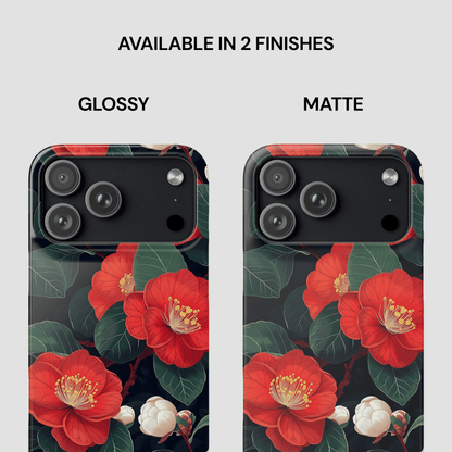 Two phone cases with red floral design, one glossy and one matte, on a white background.