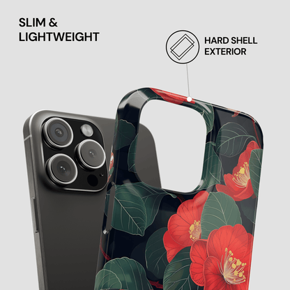 Phone case with floral design and text highlighting features on a gray background