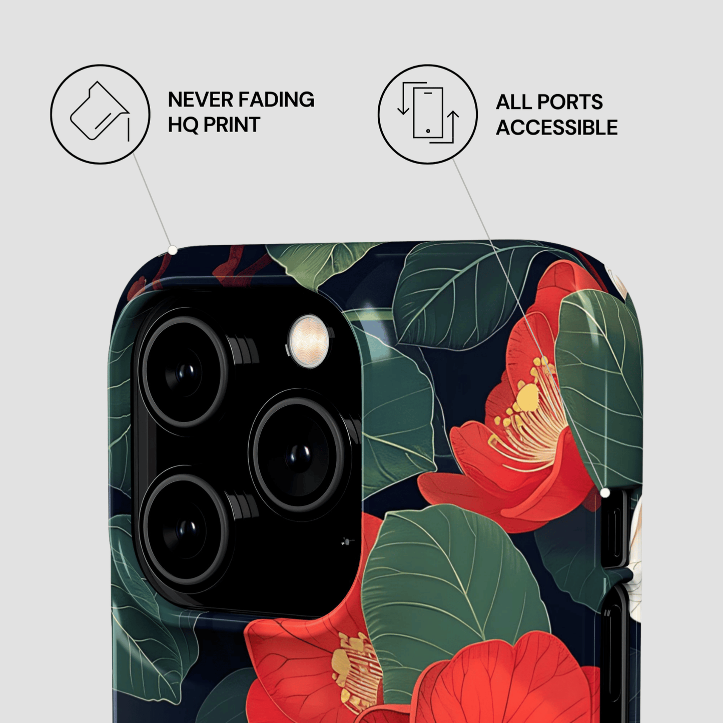 Phone case with floral design and text about features on a light gray background