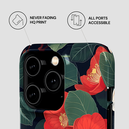 Phone case with floral design and text about features on a light gray background