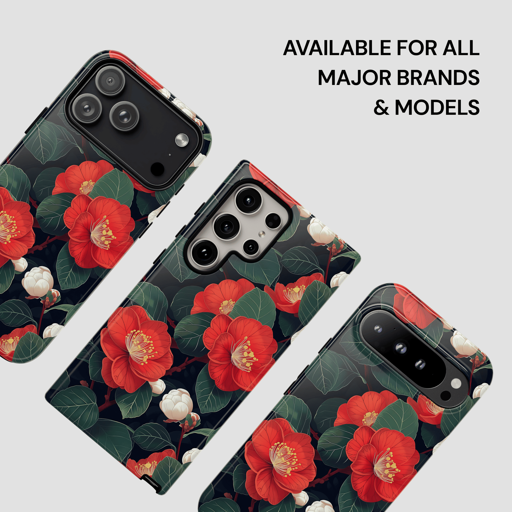 Phone case with red floral design on a gray background