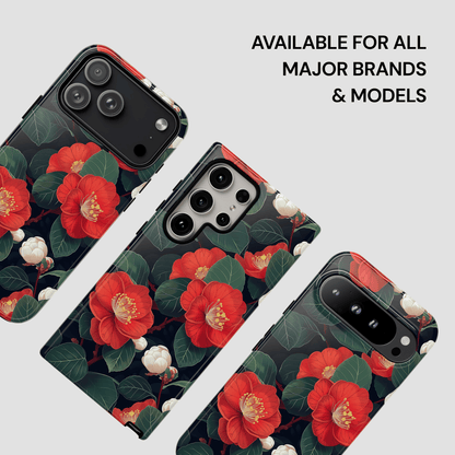 Phone case with red floral design on a gray background