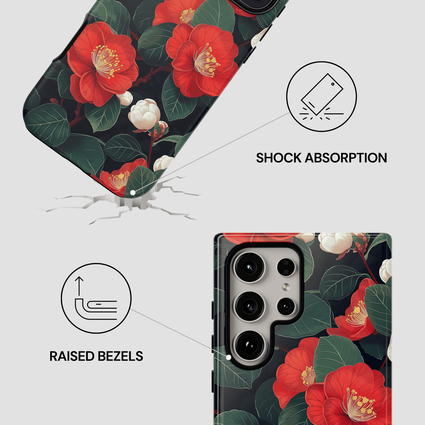 Phone case with floral design and features highlighted on a white background