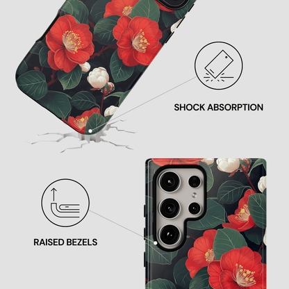 Phone case with floral design and features highlighted on a white background