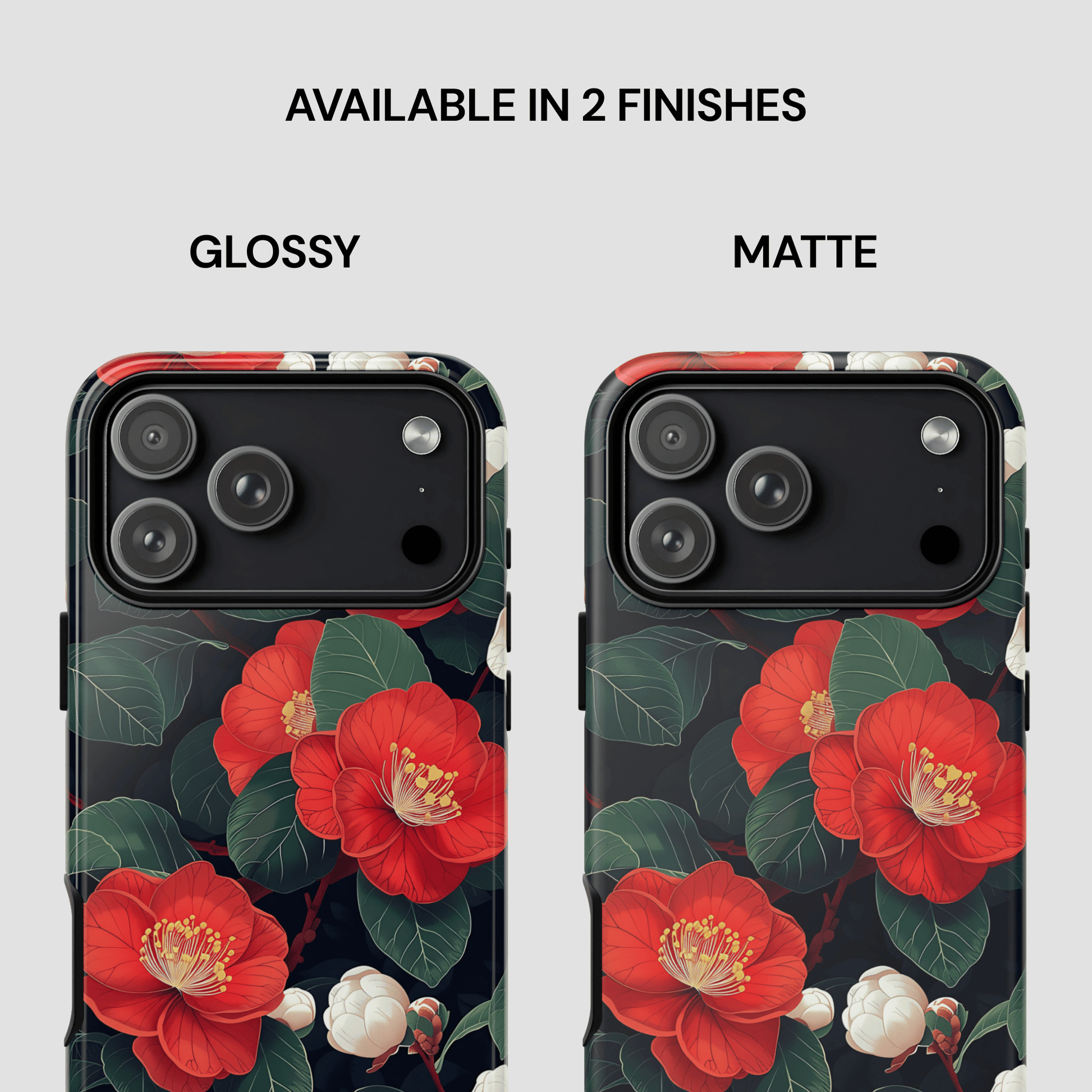 Two phone case designs with red floral pattern, one glossy and one matte, on a white background.