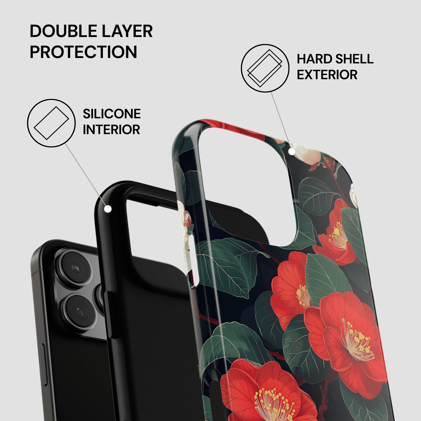 Phone case with floral design and text highlighting double layer protection on a light gray background