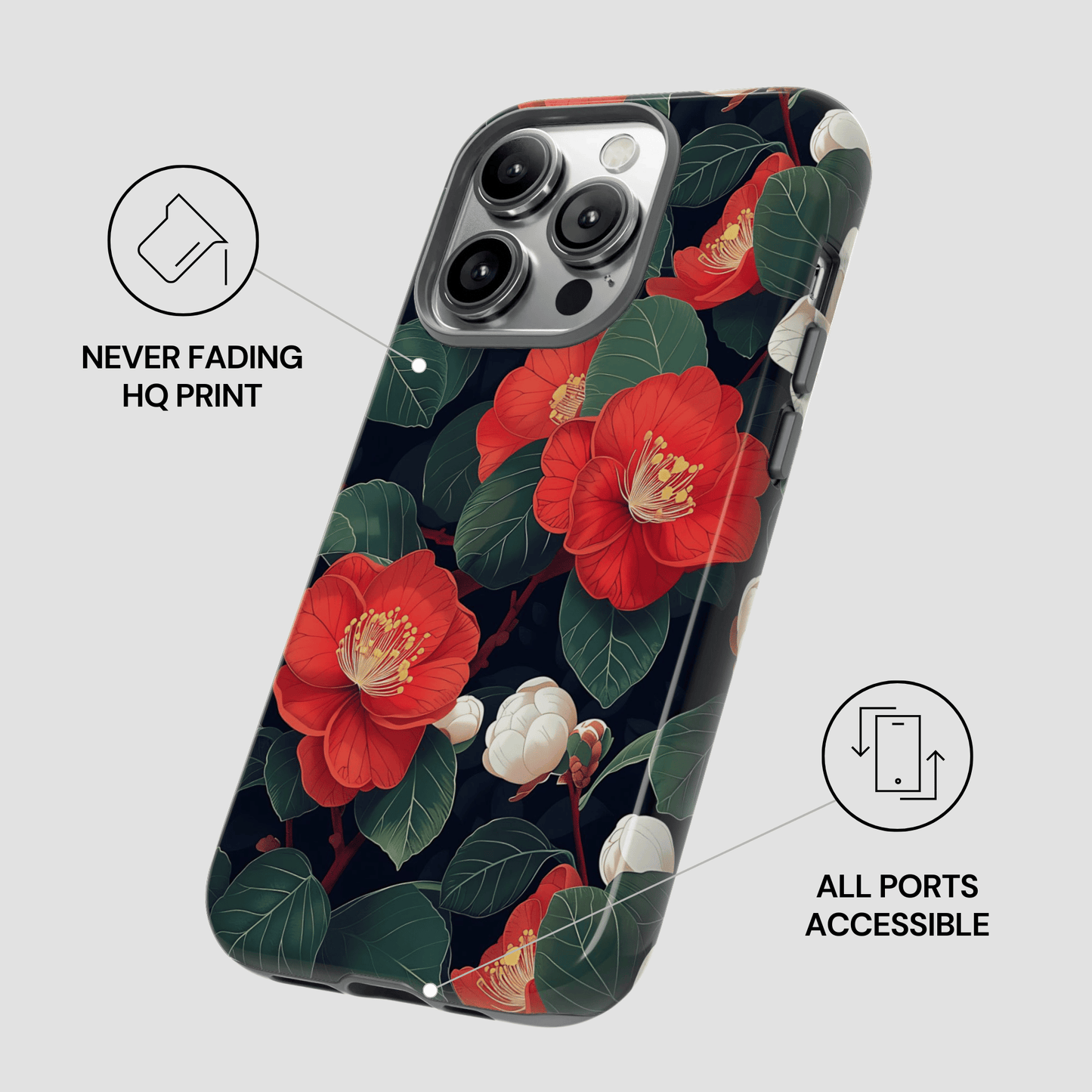 Phone case with red floral design on a dark background, featuring text about print quality and port accessibility.