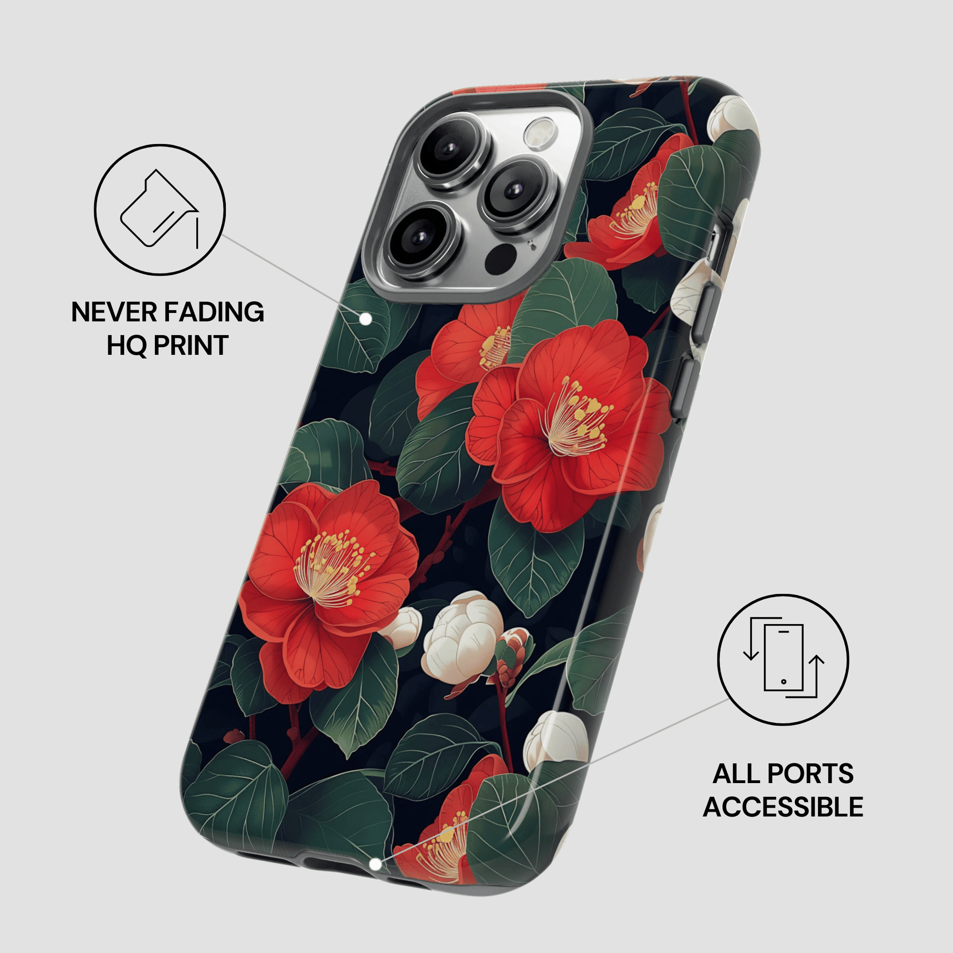 Phone case with red floral design on a dark background, featuring text about print quality and port accessibility.