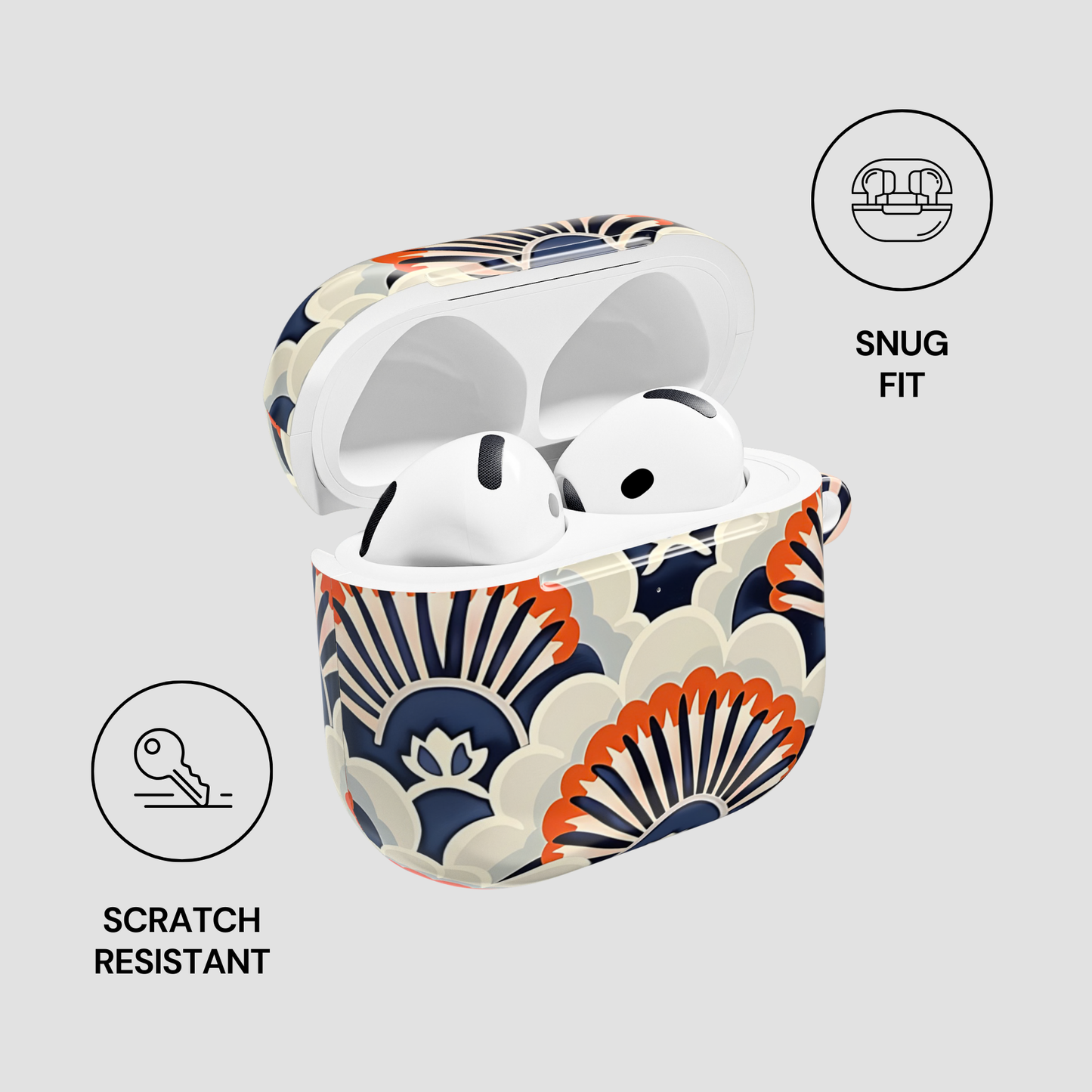 Wireless earbuds in a floral-patterned case with 'Snug Fit', 'Scratch Resistant' icons on a light gray background.