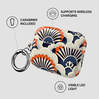 Patterned case with carabiner and wireless charging features on a light gray background