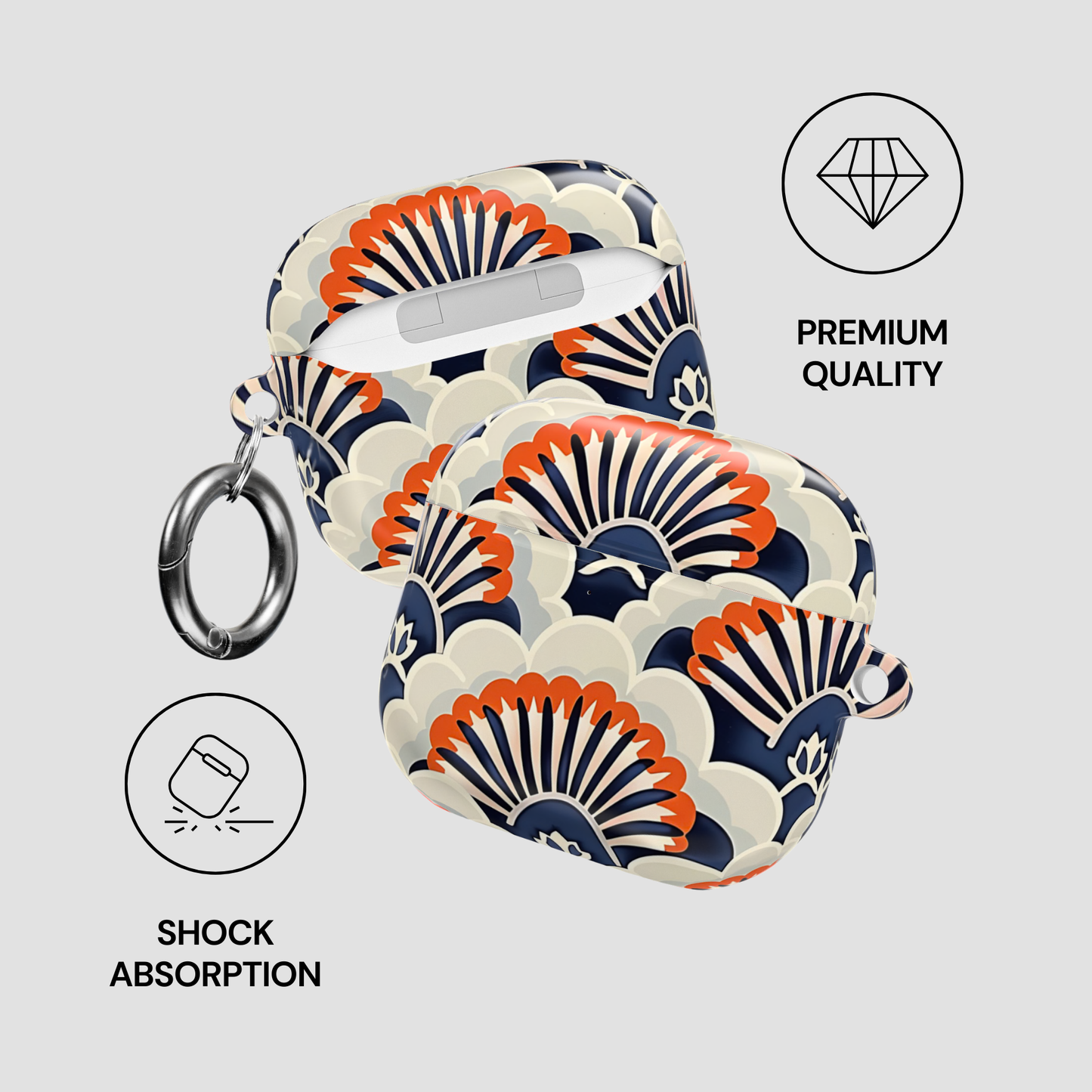 Patterned case with a keychain on a light gray background, featuring 'Premium Quality' and 'Shock Absorption' icons.