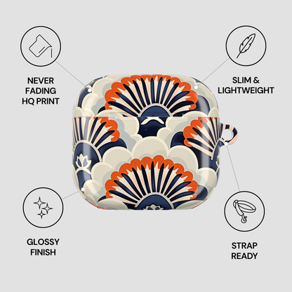 Patterned case with features listed on a light gray background